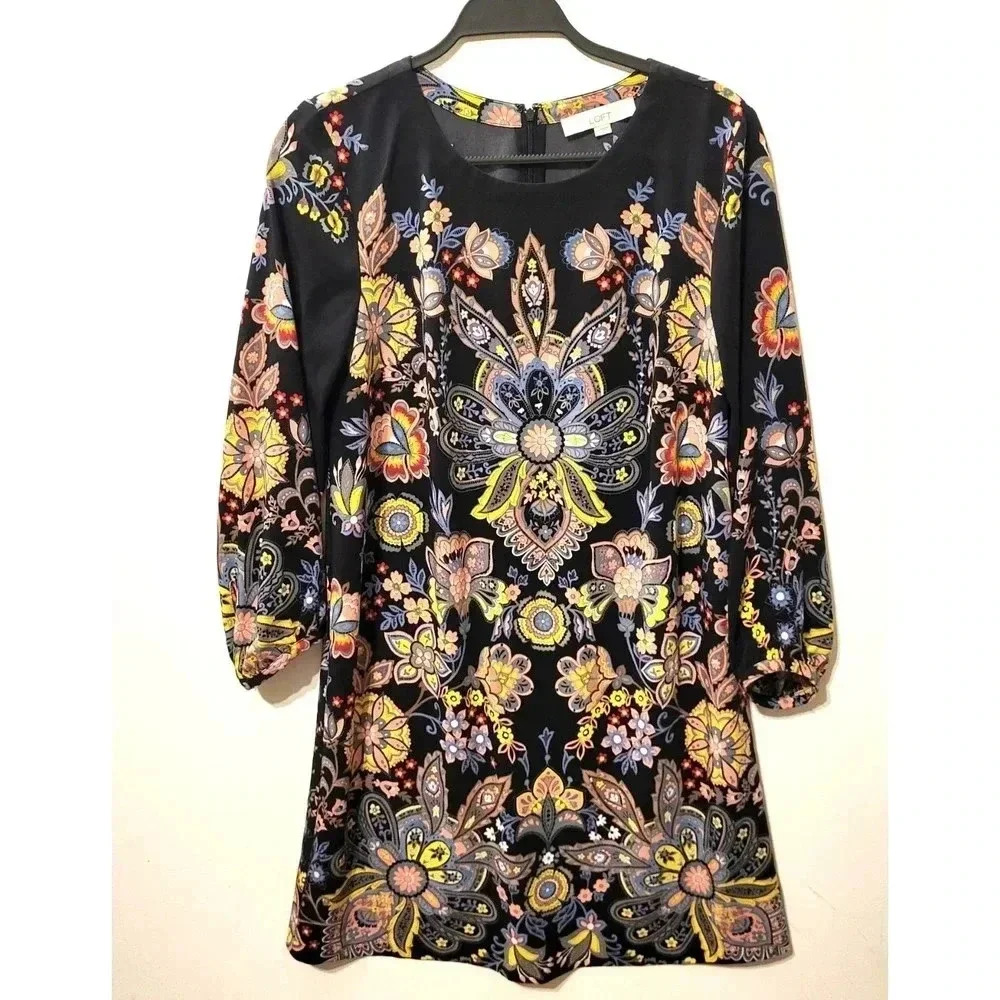 Ann‎ Taylor Loft Black Floral Print Tunic Dress